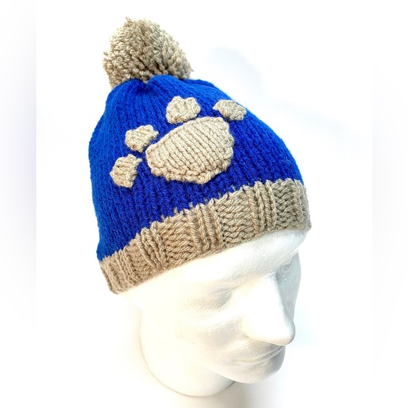 Hand Knit Couples Blue and Gray Beanie Hat Set with Paw Print and Pom Pom - Picture 2 of 9